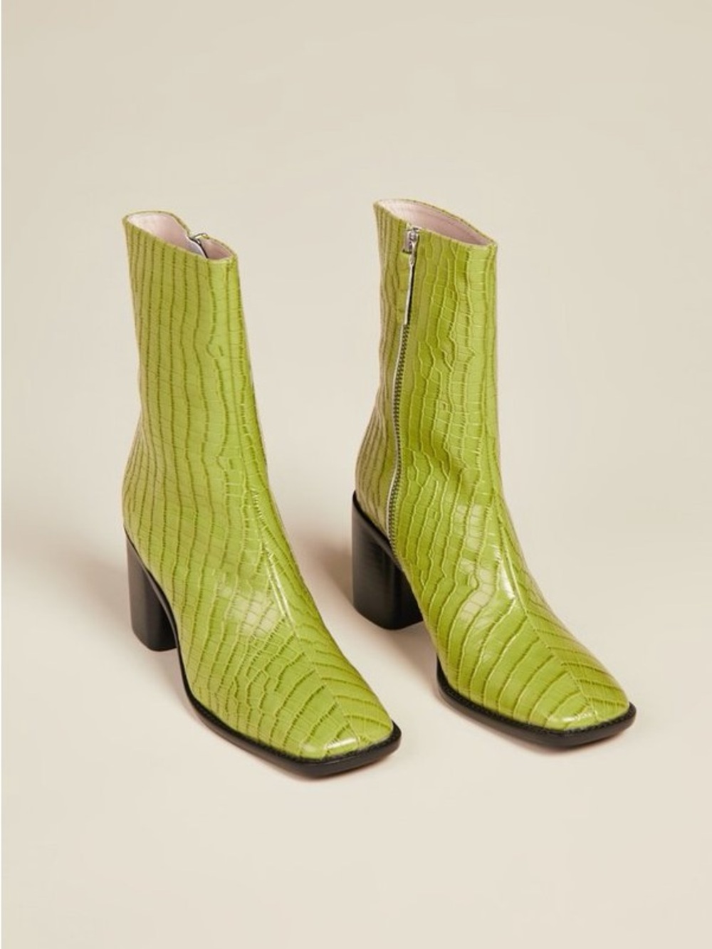 INTENTIONALLY BLANK Lime Green Contour Block Heel Ankle Boots